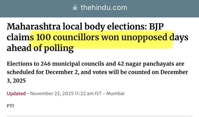 🚨The UNOPPOSED Indian Democracy❗️

Read this excerpt from the Telegraph’s news article shared below - 

“Gujarat chief minister Bhupendra Patel, speaking at a public event after the recent withdrawals in local body elec tions, reportedly said the aim should be a situation where