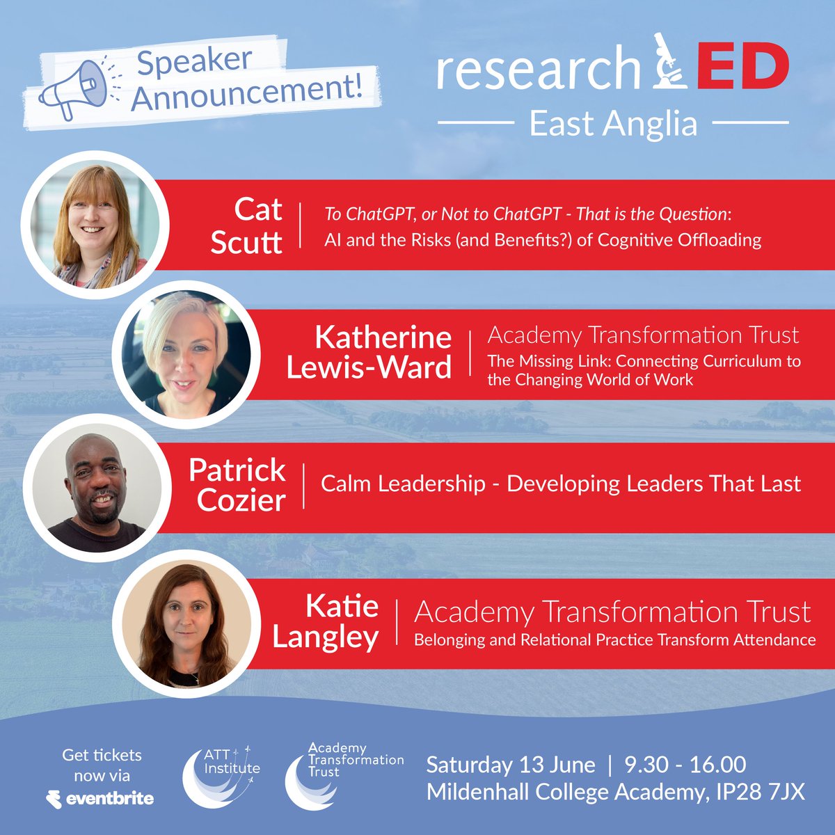 ATTInstitute's tweet photo. The fantastic #rEDEastAnglia speaker line-up keeps growing! ✈️
We’re excited to welcome @CatScutt, Katherine Lewis-Ward, @calmleadership &amp; Katie Langley on 13th June.
🎫 Don't miss out, get your tickets now: https://t.co/PcqemSa2i7
#TransformingLives #TransformingPD https://t.co/SHnIPGVc04