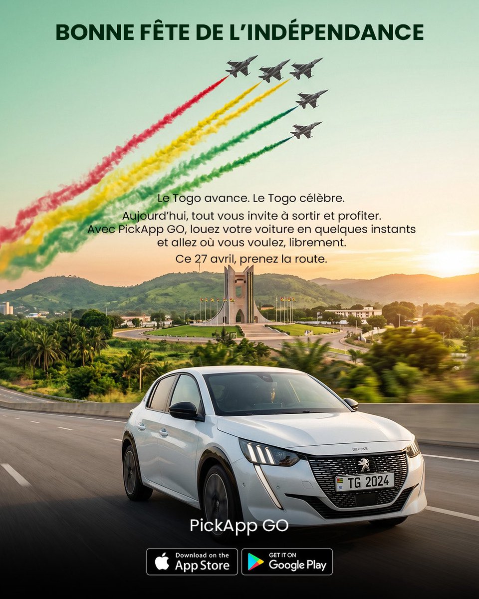 pickappmobility's tweet photo. Aujourd’hui, le Togo célèbre sa liberté.
Et si vous célébriez la vôtre aussi ? 🇹🇬
Avec PickApp GO, chaque destination devient possible.
BONNE FÊTE DE L’INDÉPENDANCE 🇹🇬🥳
#pickapp #Independenceday #togolais #pourtoii #goviral https://t.co/Vzq28kXykY