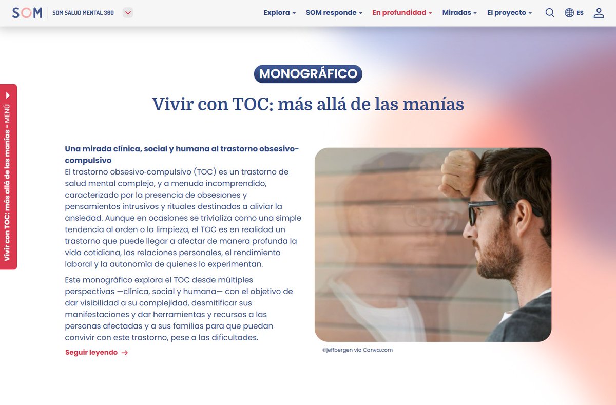 SaludMentalSJD's tweet image. 📝 Nuevo Monográfico! Vivir con TOC: más allá de las manías

El #TOC es un trastorno de salud mental complejo, y a menudo incomprendido, caracterizado por la presencia de obsesiones y pensamientos intrusivos y rituales destinados a aliviar la ansiedad.

 🧵som360.org/es/monografico…
