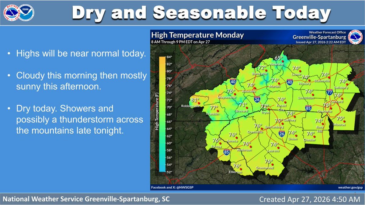 NWSGSP's tweet image. Morning clouds give way to afternoon sunshine. Highs will be near normal. Dry today with showers and isolated storms moving into the mountains late tonight. #ncwx #scwx #gawx