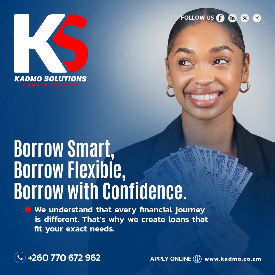 KadmoSolutions's tweet photo. Borrow Smart, borrow Flexible and Borrow with Confidence up to K100,000 with flexible repayment plans available. Give us call or send a message on WhatsApp on +260 770 672 962 or APPLY ONLINE by visiting https://t.co/felzzsaww8

#NewWeek #KadmoSolutions https://t.co/4V2s4Z5fIj