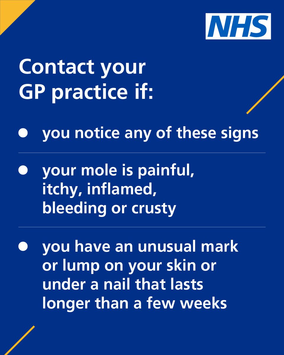 NHSuk's tweet photo. This #SkinCancerAwarenessMonth, check your skin and contact your GP if you're worried about any signs that could be cancer.

Melanoma is a type of skin cancer that can spread to other areas of the body.  

Use the ABCDE checklist to remember some of the signs of melanoma.