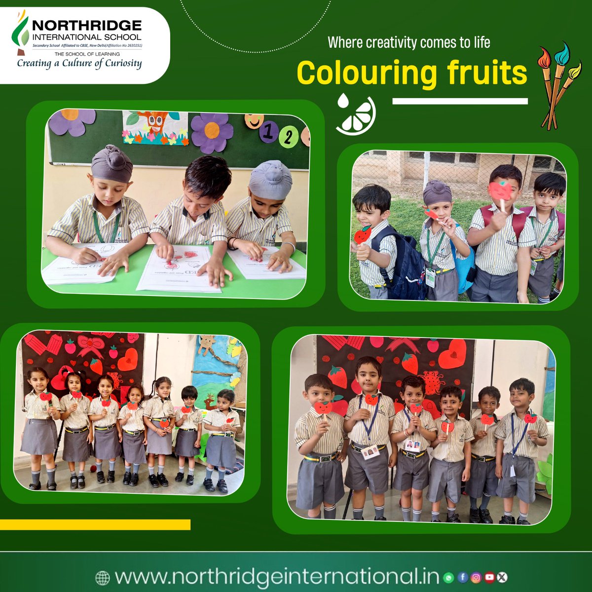 Northridgeint's tweet image. Little hands, big creativity! 🍎

 Our young learners had a fun-filled day exploring colors with fruit-themed activities—learning, creating, and smiling all the way. 💚

#ColouringFruits #EarlyLearning #CreativeKids #FunLearning #KidsCreativity #LearningThroughPlay #HappyKids