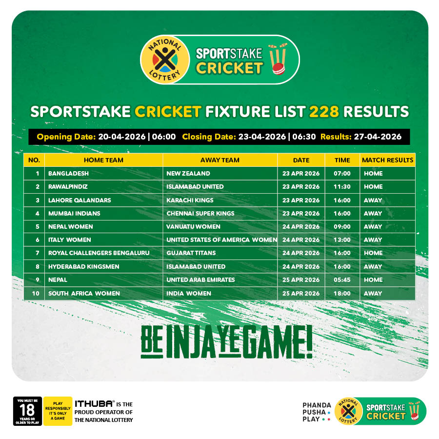 sa_lottery's tweet image. Here are the #SPORTSTAKE CRICKET #FixtureResults, #Dividends for list 228 &amp;amp; #FixtureList 229 
with a GUARANTEED Jackpot of R1,000. #BelnjaYeGame! 

Players must be 18 years or older, play responsibly.