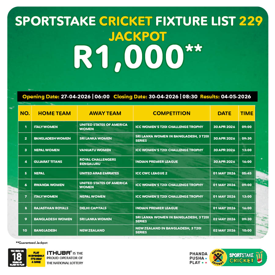 sa_lottery's tweet image. Here are the #SPORTSTAKE CRICKET #FixtureResults, #Dividends for list 228 &amp;amp; #FixtureList 229 
with a GUARANTEED Jackpot of R1,000. #BelnjaYeGame! 

Players must be 18 years or older, play responsibly.