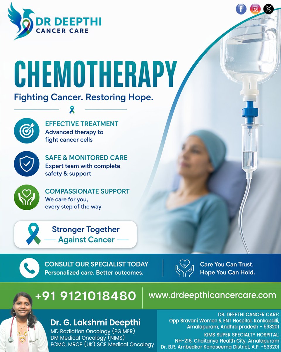 DrLakshmiD48269's tweet image. Chemotherapy helps fight cancer cells with effective treatment safe monitoring and compassionate support for better outcomes #Chemotherapy #CancerCare #Oncology #CancerTreatment #SupportCare consult specialist today