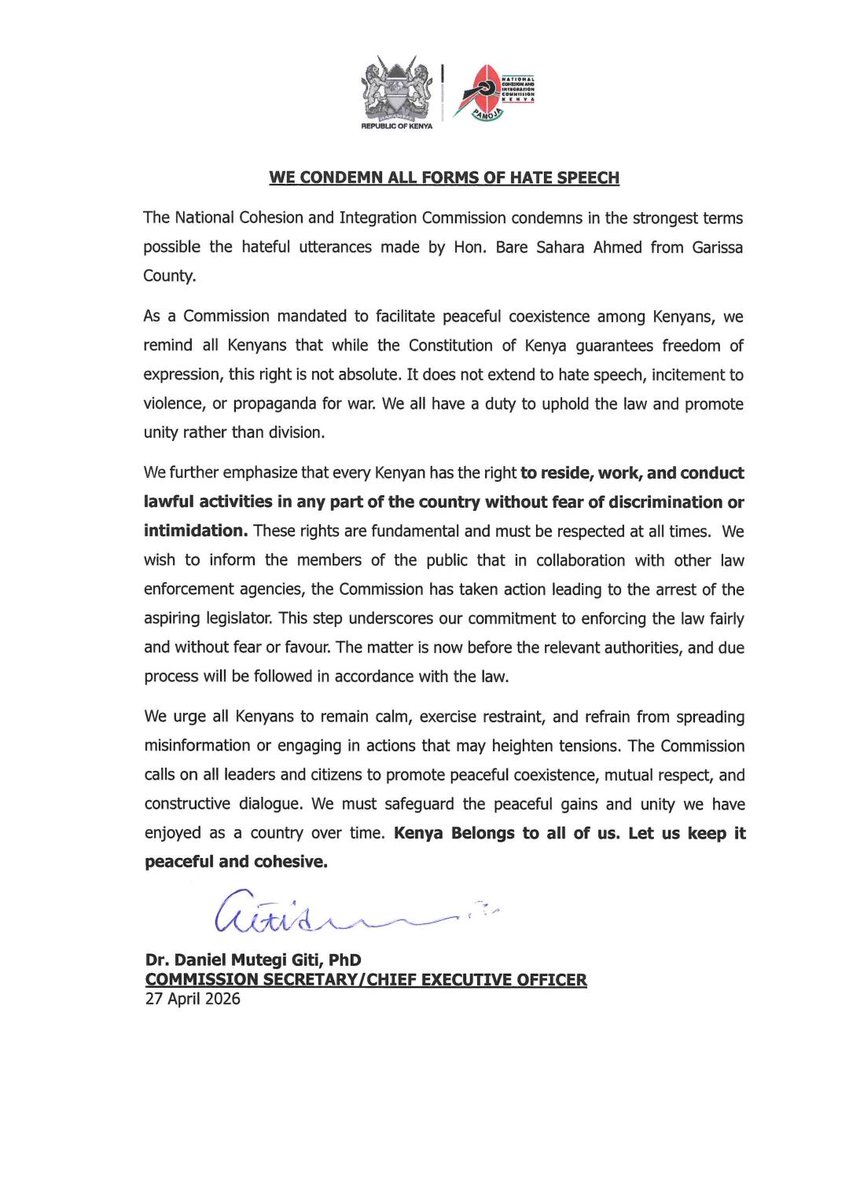 NCIC_Kenya's tweet image. OFFICIAL PRESS STATEMENT ON THE HATEFUL UTTERANCES MADE BY BARE SAHARA AHMED
#OnePeople
#OneNation
#OneDestiny.
@ntvkenya @citizentvkenya @KBCChannel1 @KTNNewsKE @tv47digital @PeopleDailyKe @TheStarKenya