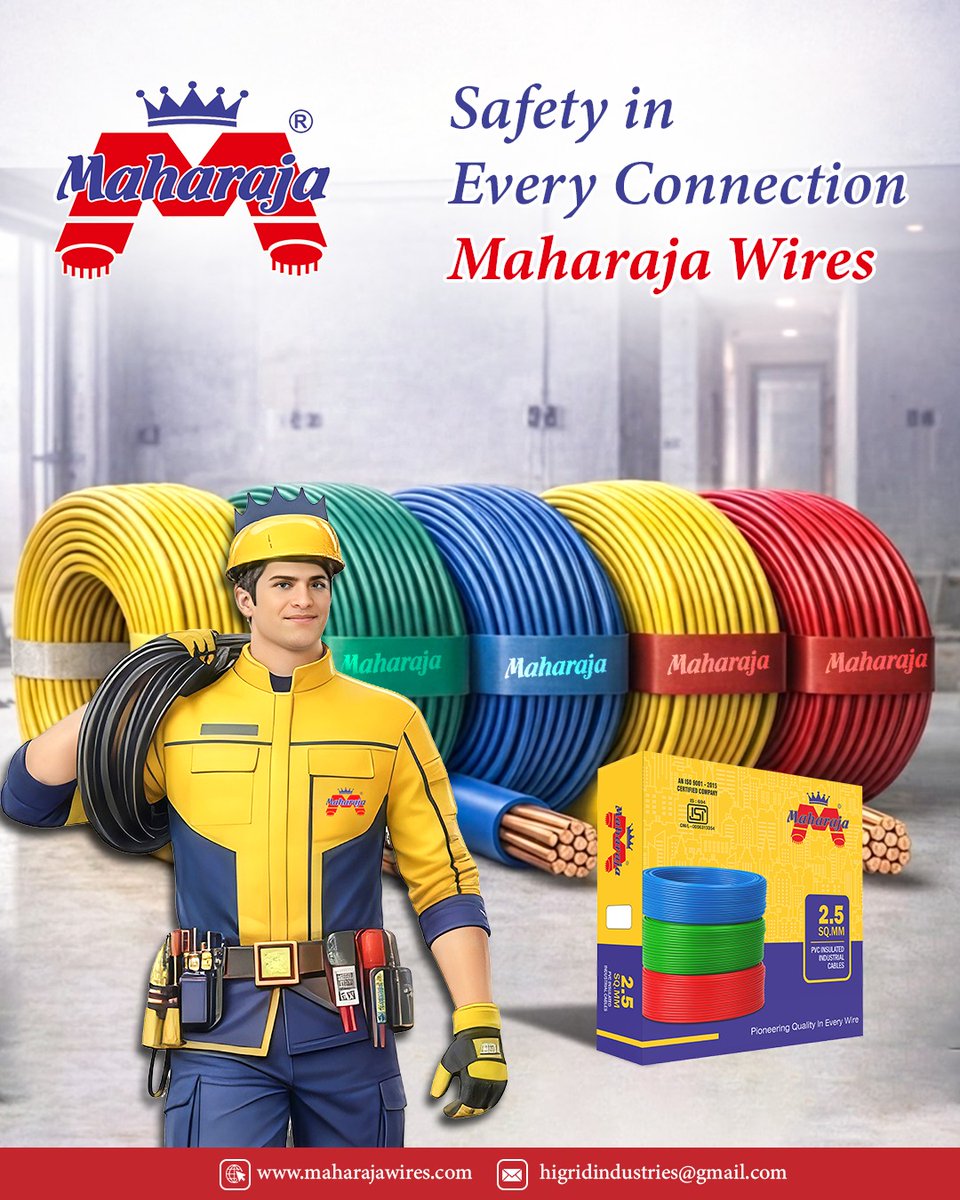 MaharajaWires's tweet image. Power your world with Maharaja Wires built with superior quality, safety, and reliability you can trust for every connection.

Visit our website : maharajawires.com
Mail us on : Sales@maharajawires.com

#SafeLiving #TrustedQuality #ElectricalSafety #PowerUp #MaharajaWires