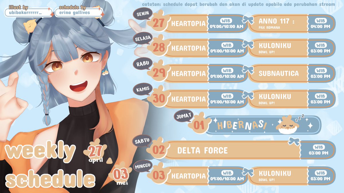 erinagallives's tweet image. HALOO PIYIKK🐣 sekarang eri punya weekly schedule nihh

ini untuk jadwal streaming minggu ini yaa, happy watchingg🩵

youtube.com/@ErinaGallives/

#vtuber #vtuberid #streaming #stream