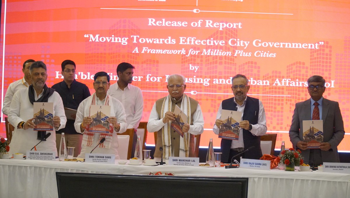NITIAayog's tweet photo. NITI Aayog Releases “Moving Towards Effective City Government – A Framework for Million-plus Cities”

Shri Manohar Lal Khattar, Union Minister of Housing and Urban Affairs, along with Shri Rajiv Gauba, Member, NITI Aayog, released the report at India Habitat Centre, New Delhi, in the presence of Urban Development Ministers from over 10 States.

The report outlines a focused roadmap for million-plus cities to address key urban governance challenges, including fragmented leadership, weak municipal finances, and capacity gaps that continue to constrain city performance.

It calls for a shift towards empowered city governments through better alignment of functions, finances, and responsibilities. Key recommendations include directly elected Mayors with fixed tenure and stronger executive authority, integration of core urban services under city governments, strengthening municipal finances with improved market access, and institutional restructuring with greater city-level oversight.

With a phased implementation approach, the report highlights that strengthening city governments is essential to unlocking the economic potential of India’s urban centres.

#PMOIndia #NITIAayog #UrbanGovernance #CitiesOfTomorrow #UrbanDevelopment #ViksitBharat