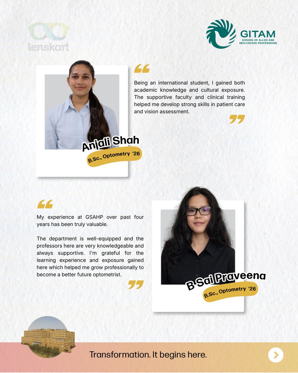 GITAM_msr's tweet photo. 10 students from the Class of 2026 were placed at #Lenskart — a significant milestone for GITAM School of Allied and Healthcare Professions. @GITAMUniversity 

#GIMSR #GSAHP #GITAMPlacements2026 #CampusPlacements https://t.co/MEWvX8BFPc