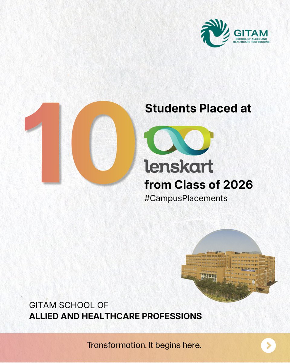 GITAM_msr's tweet photo. 10 students from the Class of 2026 were placed at #Lenskart — a significant milestone for GITAM School of Allied and Healthcare Professions. @GITAMUniversity 

#GIMSR #GSAHP #GITAMPlacements2026 #CampusPlacements https://t.co/MEWvX8BFPc