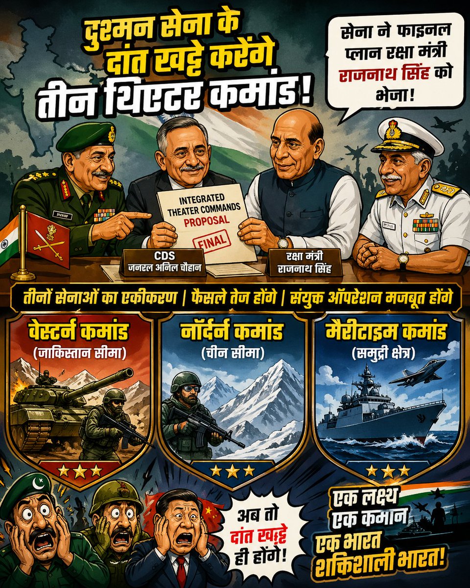 FarooFarooque's tweet photo. India moves closer to integrated warfare capability as the proposal for three Theatre Commands advances—promising faster decisions, unified operations, and stronger national defence. 
#IndianArmy #TheatreCommands #DefenceReforms #NationalSecurity #IntegratedForces https://t.co/yx18CcvHpv