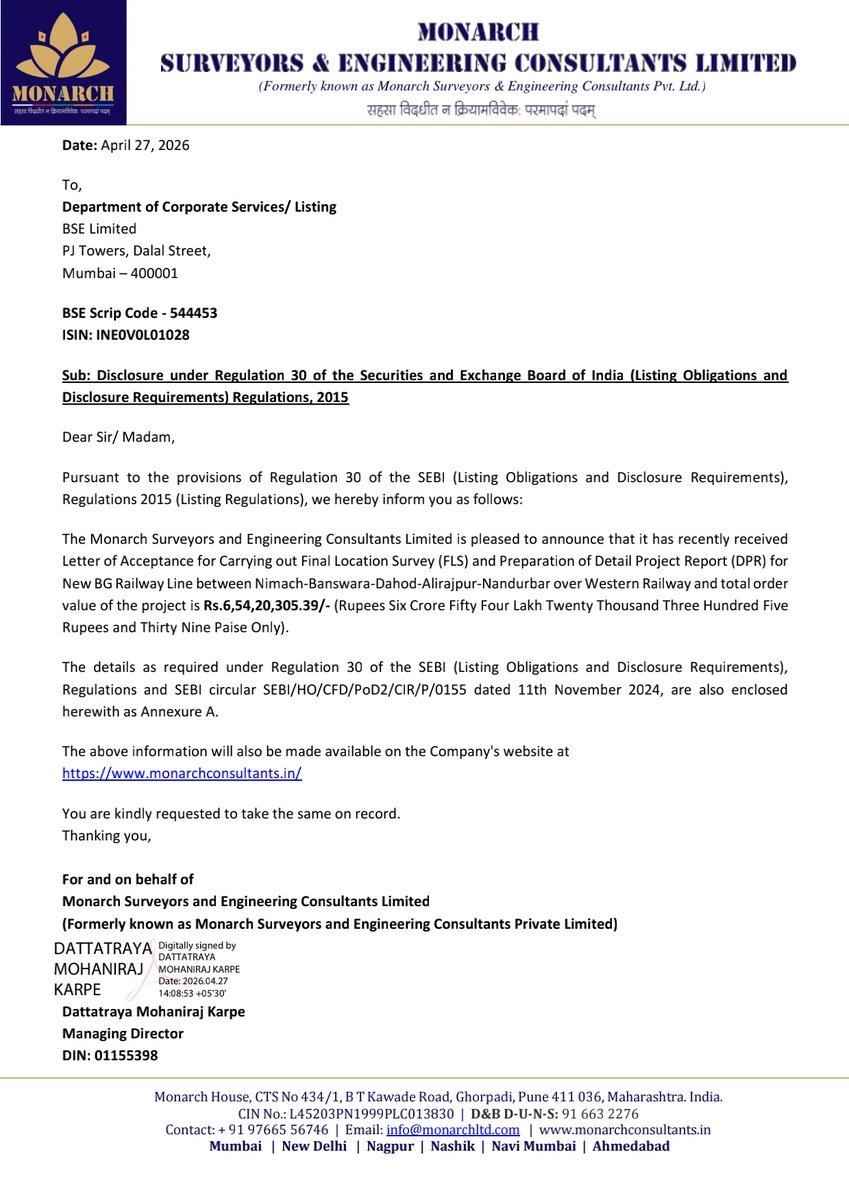 nileshkurhade's tweet photo. 📌 Monarch Surveyors and Engineering Consultants Ltd informed the exchange about receipt of Letter of Acceptance for Carrying out Final Location Survey (FLS) and Preparation of Detail Project Report (DPR) for New BG Railway Line between Nimach-Banswara-Dahod-Alirajpur-Nandurbar over Western Railway and total order value of the project is Rs.6,54,20,305.39/- (Rupees Six Crore Fifty Four Lakh Twenty Thousand Three Hundred Five Rupees and Thirty Nine Paise Only). The entire work shall be completed within 12 months from the date of issue of Letter of Acceptance. #SME #MSECL 🚂📄