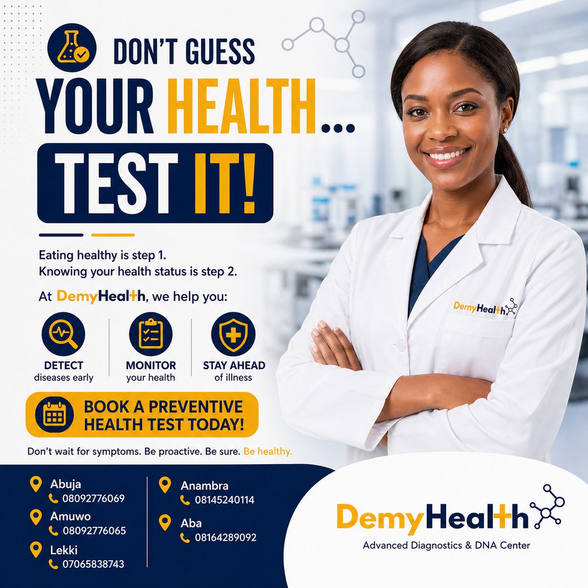 DEMYHEALTH's tweet image. You can eat healthy and still be at risk.

Silent diseases don’t warn you.

👉 Don’t guess your health. TEST it.
#DemyHealth #HealthCheck #PreventiveCare