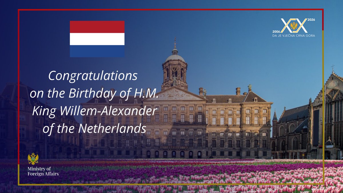 MFA_MNE's tweet image. On the occasion of King’s Day and the Birthday of His Majesty King Willem-Alexander, the Ministry of Foreign Affairs of #Montenegro extends its warm congratulations to the Government and the people of the #Netherlands 🇳🇱

We wish the Netherlands continued success and prosperity,