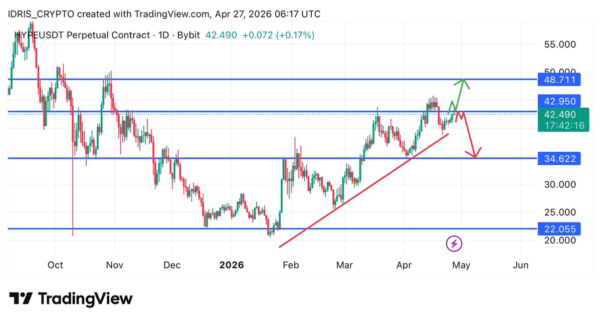 _OfficialBobgeh's tweet image. $HYPE has been hovering around the $41–$42 zone but keeps getting rejected below the key $43 resistance.  

Right now, price is consolidating. If bulls retest $43 and fail to break out, I’m expecting a move lower toward the major support at $34.  

#HYPE #Crypto #Altcoins #DeFi