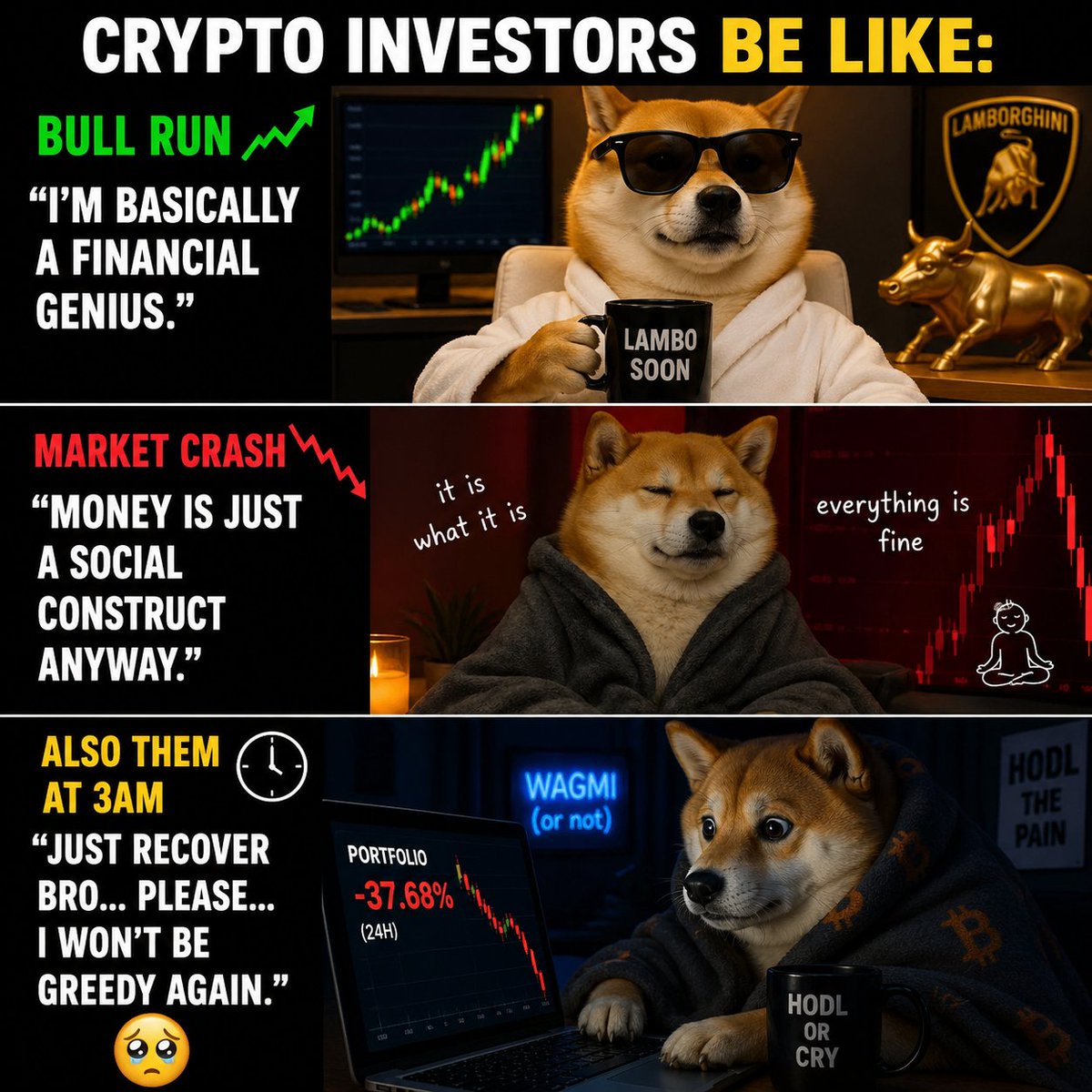 Luffyy_Alpha's tweet image. Crypto investors be like:

Bull run 📈:
“I’m basically a financial genius.”

Market crash 📉:
“Money is just a social construct anyway.” 😌

Also them at 3AM refreshing charts:
“Just recover bro… please… I won’t be greedy again.” 🥲

#HODL #CryptoMemes #crypto
