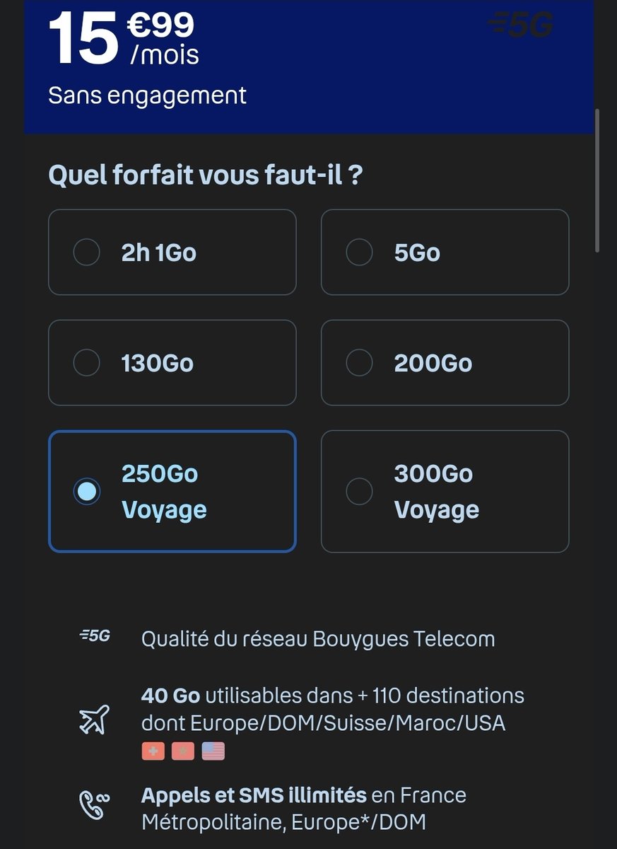 Et à côté de ça, toujours chez Bouygues, il y a celui là 😂
Presque 2x plus cher pour le même service en France, juste à peine + de destinations sur le Big 🤭
La segmentation de cet opérateur me fascine toujours autant 😆