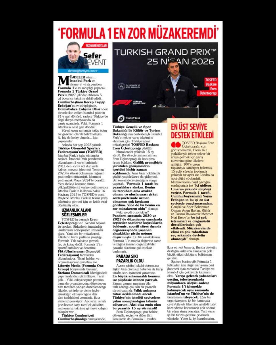 seferlevent's tweet photo. “En zor müzakeremdi”

‼️ Formula 1’in İstanbul’a dönüşü kolay olmadı
Pazarlıklar yaklaşık 15 ay sürdü.

‼️ Türkiye adına müzakereleri TOSFED Başkanı Eren Üçlertoprağı yürüttü
En çetin pazarlık konusu yıllık ödenecek para olurken, geçmiş yarışlardaki organizasyon bozuklukları, özellikle de seyircinin çilesi sıkıntı yarattı.

‼️ Yaklaşık 1 ayı Londra’da geçiren, farklı kıtalarda yüze yakın toplantıya giren Üçlertoprağı’nın
Güçlü F1 tarafına karşı en büyük avantajı avukatlık tecrübesi oldu.

‼️ F1 müzakerelerinin perde arkasını yazdım 🏁

Yazımın tamamına ulaşmak için linke tıklayabilirsiniz. https://t.co/fAvhgRiRrK 

#Formula1 #İstanbul #Spor #Müzakere #Türkiye
