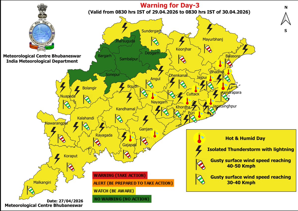 mcbbsr's tweet image. Warning for the State.
Day-1 to Day-2 : Heat wave and Warm Night, 
Day-1 to Day-5 : Hot and Humid Day.
Day -1 to Day-7 : Isolated Thunderstorm, Lightning &amp;amp; Gusty Wind Warning.
#Heatwave#thunder #humid #Warning #Odisha #odishaweather