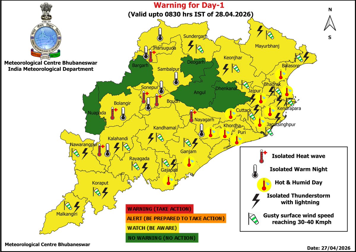 mcbbsr's tweet image. Warning for the State.
Day-1 to Day-2 : Heat wave and Warm Night, 
Day-1 to Day-5 : Hot and Humid Day.
Day -1 to Day-7 : Isolated Thunderstorm, Lightning &amp;amp; Gusty Wind Warning.
#Heatwave#thunder #humid #Warning #Odisha #odishaweather