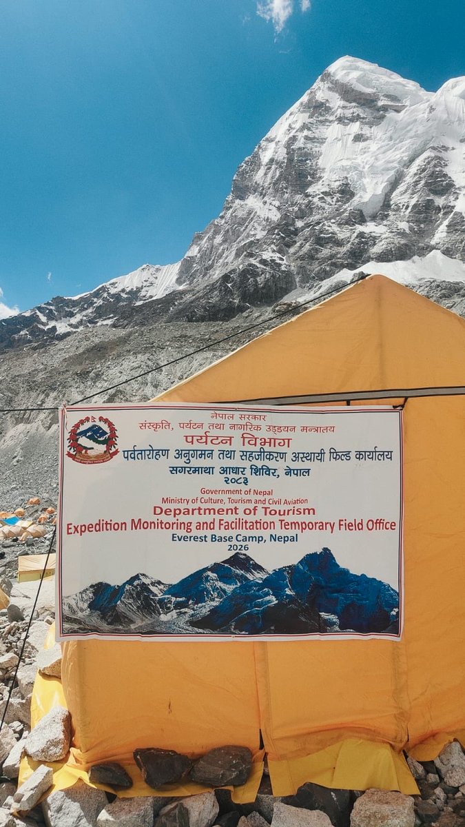 hello_dotnpl's tweet photo. With the onset of the Spring Expedition 2026, the Department of Tourism, Nepal, proudly announces the establishment of its Temporary Field Office at the EBC to monitor and facilitate safe, sustainable and responsible mountaineering practices in the Khumbu region! @gtmhimal88 https://t.co/H5lVjXkr31