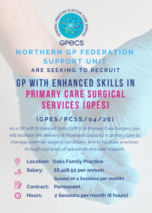 gp_northern's tweet photo. 🚨We’re recruiting – GP with Enhanced Skills in Primary Care Surgical Services (GPES)

Closing Date: 12 noon, Monday 11th May 2026
Interview Date: W/C Monday 18th May 2026

➡️For further information and to download an application pack visit
https://t.co/1woMukVWd5 https://t.co/g6SWzqzMMa
