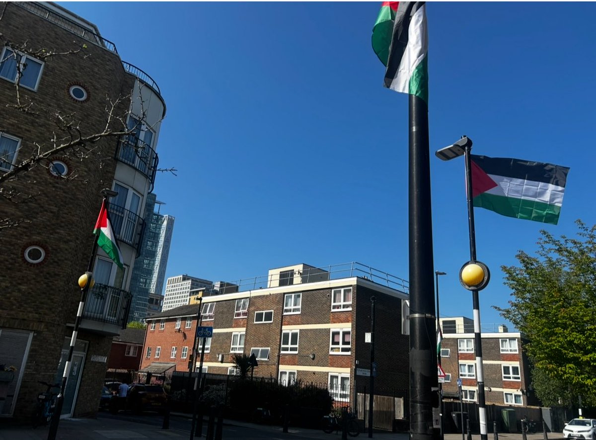 restoreth_'s tweet photo. When the St George’s flag goes up, they’re taken down within days, sometimes within hours. 

When the Palestine flags go up, we have to endure it for weeks on end. 

Sometimes even months. 

We say, foreign flags should not be hung in public spaces in Britain. 

While it remains legal to do so, the rules should at least be consistent.