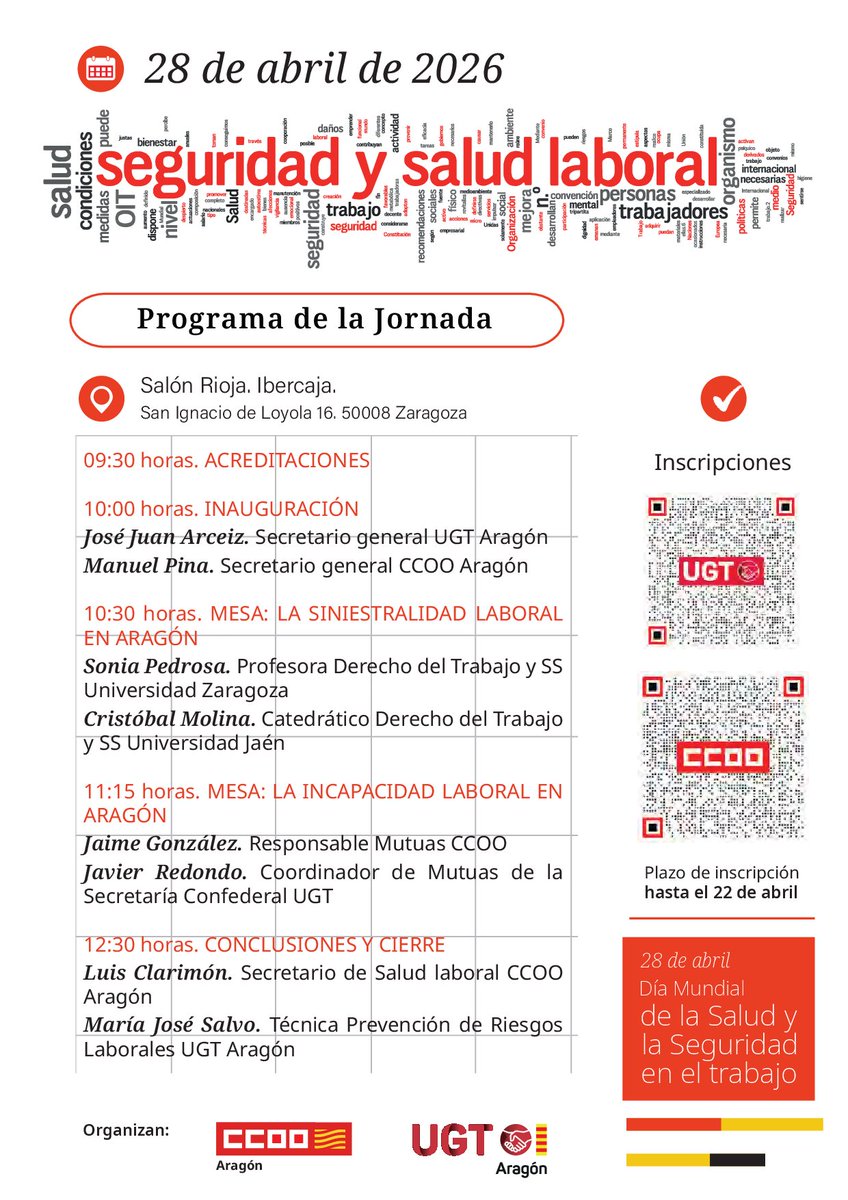 UGTAragon's tweet photo. 🚨 Trabajar no puede costar la salud.  

🔴Mañana, 28 de abril, Día Mundial de la Seguridad y la Salud en el Trabajo, celebramos en Zaragoza una jornada organizada por UGT Aragón y @CCOOAragon
para abordar dos cuestiones decisivas: siniestralidad laboral e incapacidad laboral. https://t.co/dKfg7z0N49