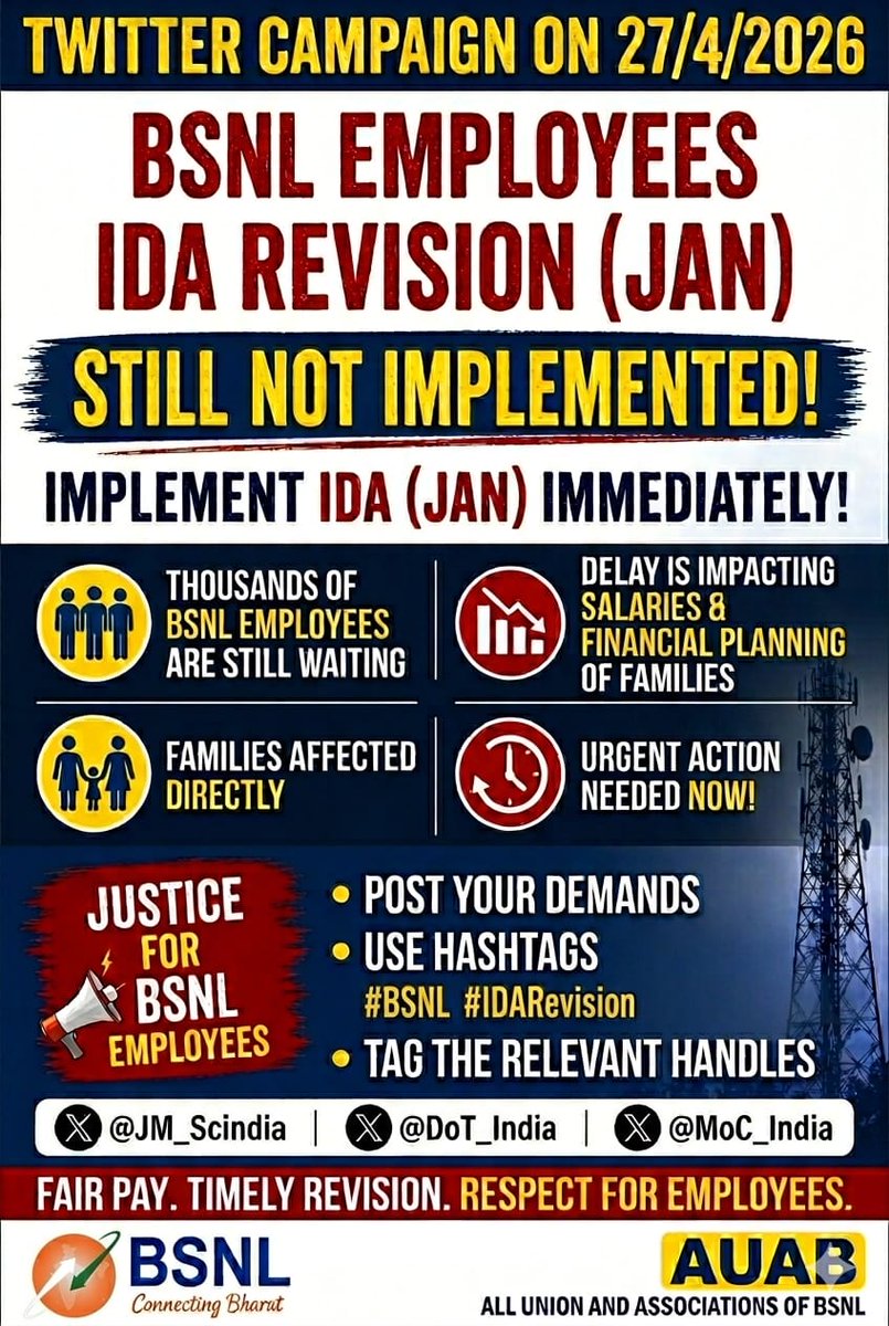 BSNL employees are not begging 
we are demanding our right!
Issue IDA Payment order 
<a href="/JM_Scindia/">Jyotiraditya M. Scindia</a> <a href="/drpemmasani/">pemmasani hariprasad</a> <a href="/DoT_India/">DoT India</a> <a href="/CMDBSNL/">A. Robert Jerard Ravi</a>
#BSNL 
#IDA_Revision