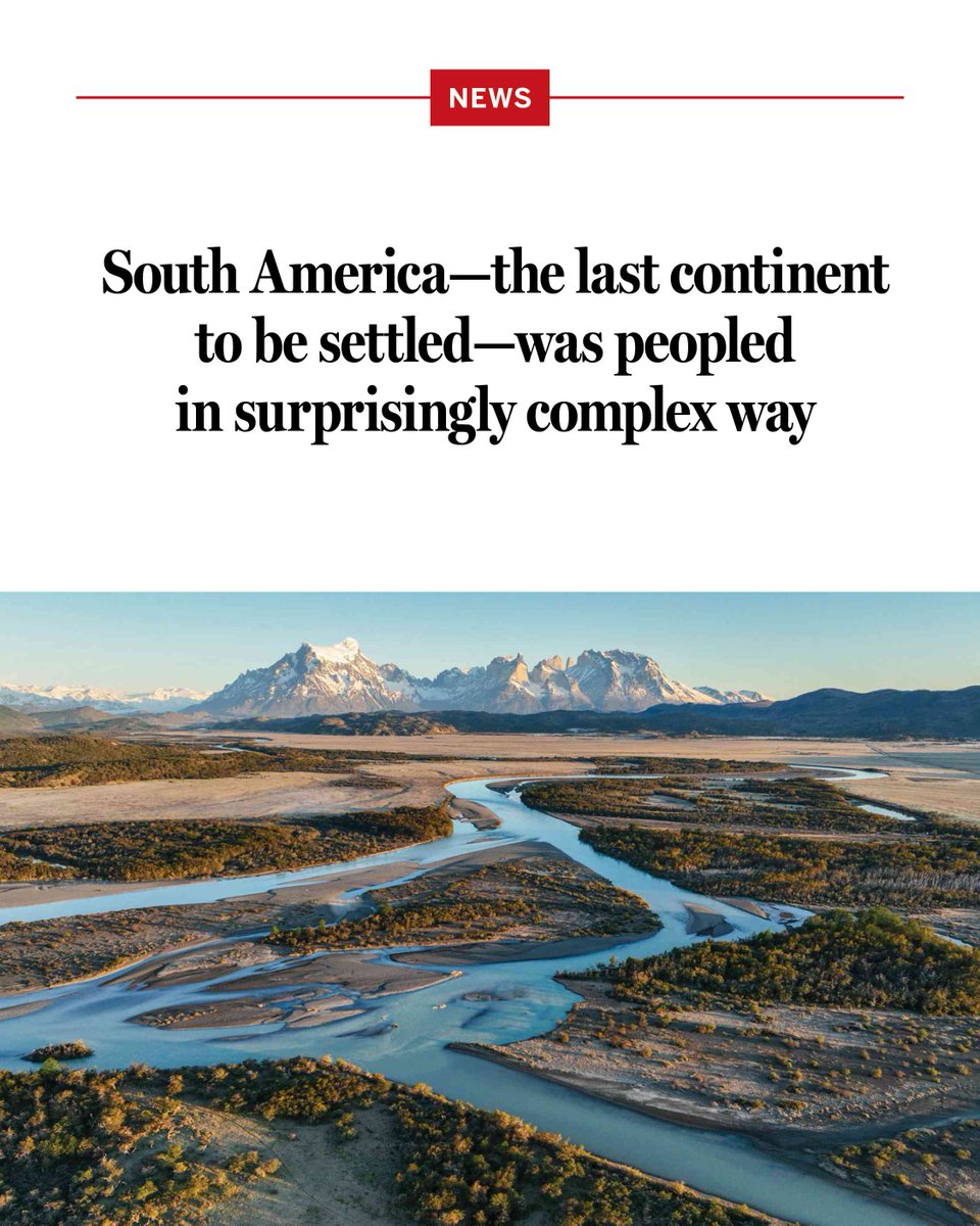 NewsfromScience's tweet photo. South America was the last continent to be settled, and many scientists once assumed it was a rather straightforward affair.

Ancient people descending from a mostly homogenous population were thought to have expanded into the continent about 15,000 years ago—relatively recently in the span of human history—learned to live in diverse environments including the deep jungle and windswept altiplano, and then more or less stayed put.

But a new study reveals these migrations were anything but simple. Learn more: https://t.co/pI9jWf2ey7