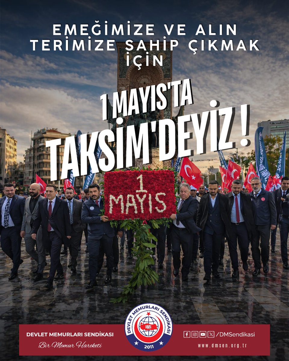 Tuncay_Cengiz_'s tweet photo. 📍 OMUZ OMUZA, DAHA AYDINLIK YARINLARA!

Alın terinin, emeğin ve onurlu mücadelenin simgesi olan 1 Mayıs Emek ve Dayanışma Günü'nde, bizler de Devlet Memurları Sendikası olarak, İstanbul Taksim Meydanındayız!

Haklarımızı savunmak, emeğin değerini haykırmak ve yarınlara daha güçlü bir şekilde yürümek için, memur ve emeklilerimizle omuz omuza veriyoruz!

1 Mayıs; yalnızca bir kutlama günü değil, aynı zamanda; adaletin, eşitliğin ve insanca yaşam talebinin gür bir sesle dile getirildiği bir gündür. Memurlarımızın ve emeklilerimizin hak ettiği saygınlığı görmesi, daha iyi çalışma ve yaşam koşullarına kavuşması ve sosyal adaletin bir an önce tesis edilmesi için mücadelemizi kararlılıkla sürdürüyoruz!

İstanbul Taksim Meydanı’ndan yükselecek her ses, emeğin kutsallığını ve dayanışmanın gücünü herkese bir kez daha gösterecek. Gelin, bu anlamlı günde birlik olalım; haklı taleplerimizi hep birlikte dile getirelim!

Emeğin onurunu yüceltmek, dayanışmanın gücünü büyütmek için, DMS ile 1 Mayıs’ta Taksim’de!
#1Mayıs
#EmekveDayanışma

@DMSendikasi @DMKonfederasyon