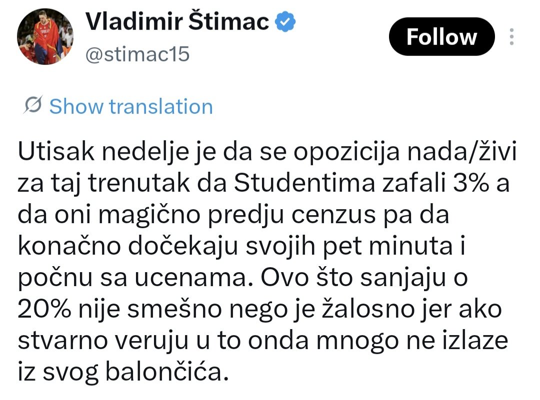 Tvrdnje Vladimira <a href="/stimac15/">Vladimir Štimac</a> počivaju na nekoliko pogrešnih pretpostavki.

Prvo, ideja da bilo ko u opoziciji „čeka 3% da bi ucenjivao“ potpuno pogrešno opisuje logiku parlamentarne demokratije. Učešće u vlasti nakon izbora nije ucena, nego rezultat izbornih koalicija i