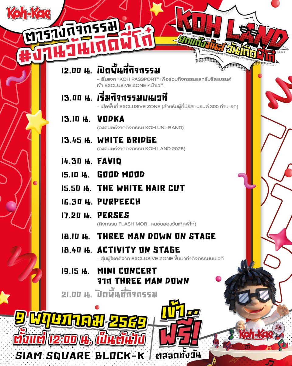 📢 มาแล้ววว~ ตามคำเรียกร้อง‼️ กับตารางกิจกรรม #งานวันเกิดพี่โก๋ 🎂
เตรียมมามันส์กันได้เลย ตั้งแต่ 12.00 น. เป็นต้นไป ที่งาน “𝙆𝙊𝙃 𝙇𝘼𝙉𝘿 𝟮𝟬𝟮𝟲 ยกแก๊งมันส์ วันเกิดพี่โก๋” 😎