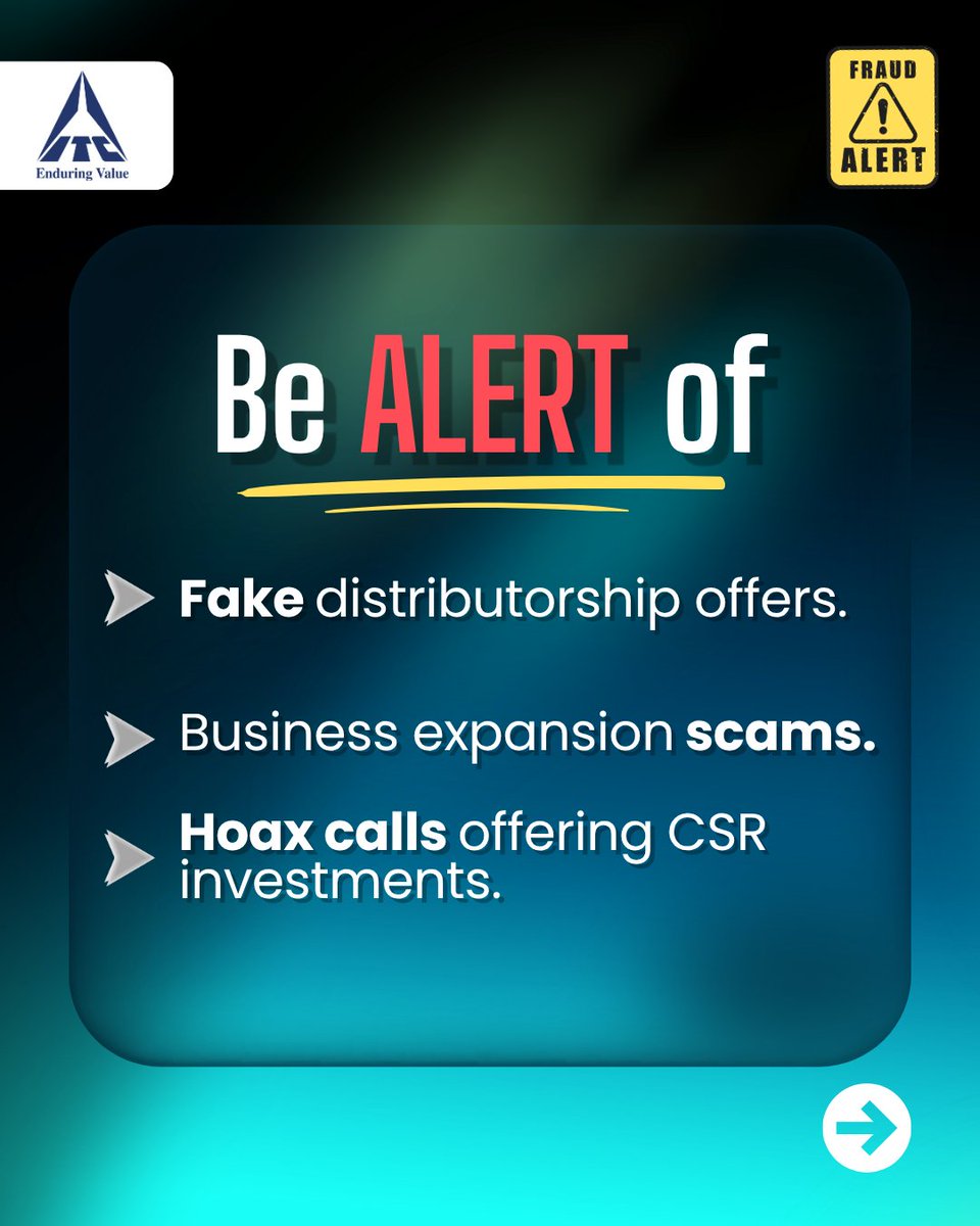 ITCCorpCom's tweet image. 🚨 #FraudAlert: Some unscrupulous individuals keep reaching out to people, asking for fees or deposits for ITC distributorships, jobs, CSR-related contributions etc. 

Please remember, ITC never seeks money from the public for any reason. 

If you come across such requests:
➡️Do