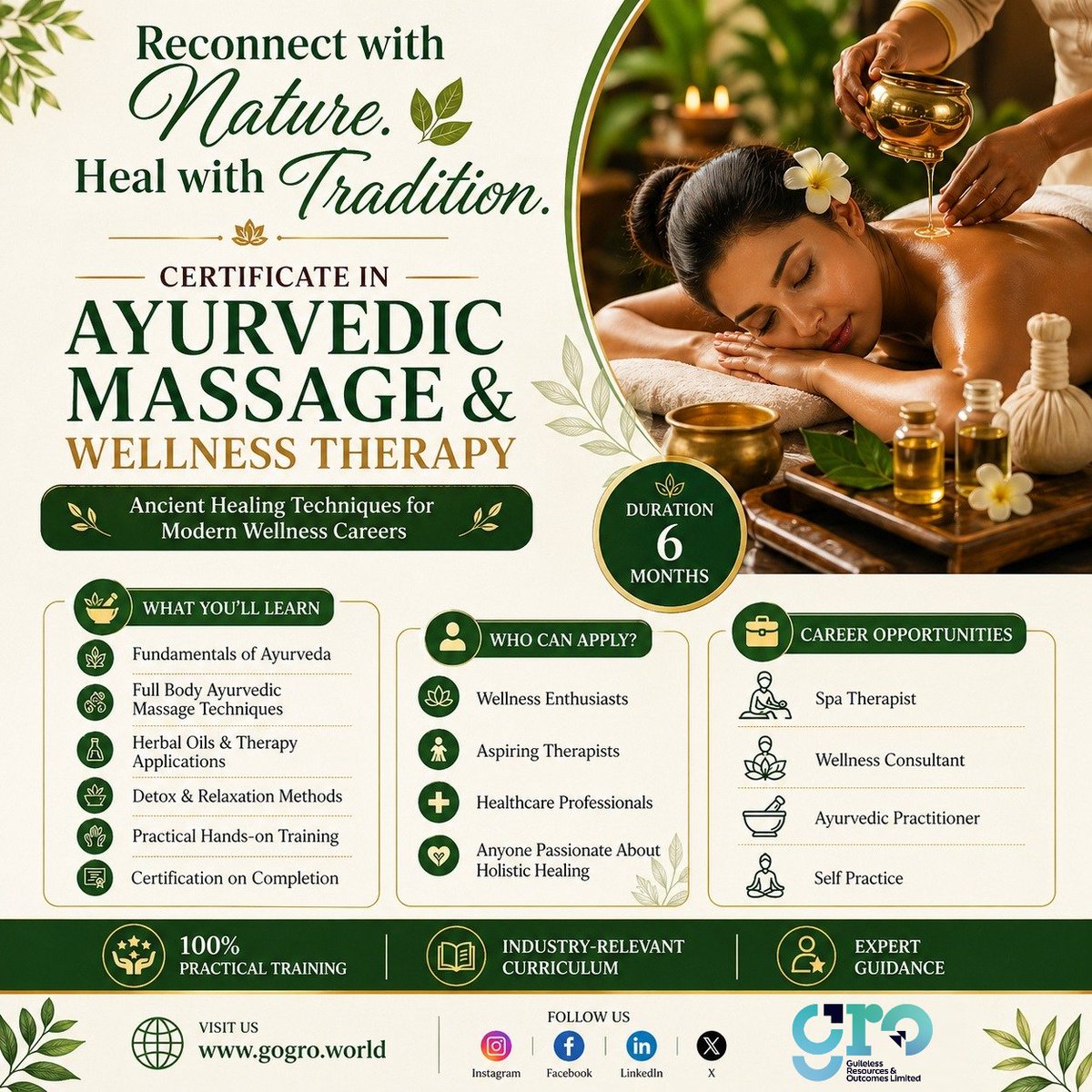 Groeducation's tweet image. Heal naturally. Build your wellness career 
Join our Certificate in Ayurvedic Massage &amp;amp; Wellness Therapy
6 Months | Practical Training
Start your journey today 

gogro.world⁠
#Ayurveda #Wellness #CareerGrowth #HolisticHealing
