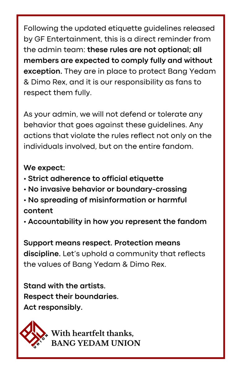 BYDUNION_'s tweet photo. 📢 ADMIN NOTICE — MANDATORY READ

Please read our statement regarding the FAN ETIQUETTE GUIDELINES released by GF Entertainment. Thank you!

#방예담 #BANGYEDAM @_YEDAM_OFFICIAL https://t.co/EgKyhyDelo