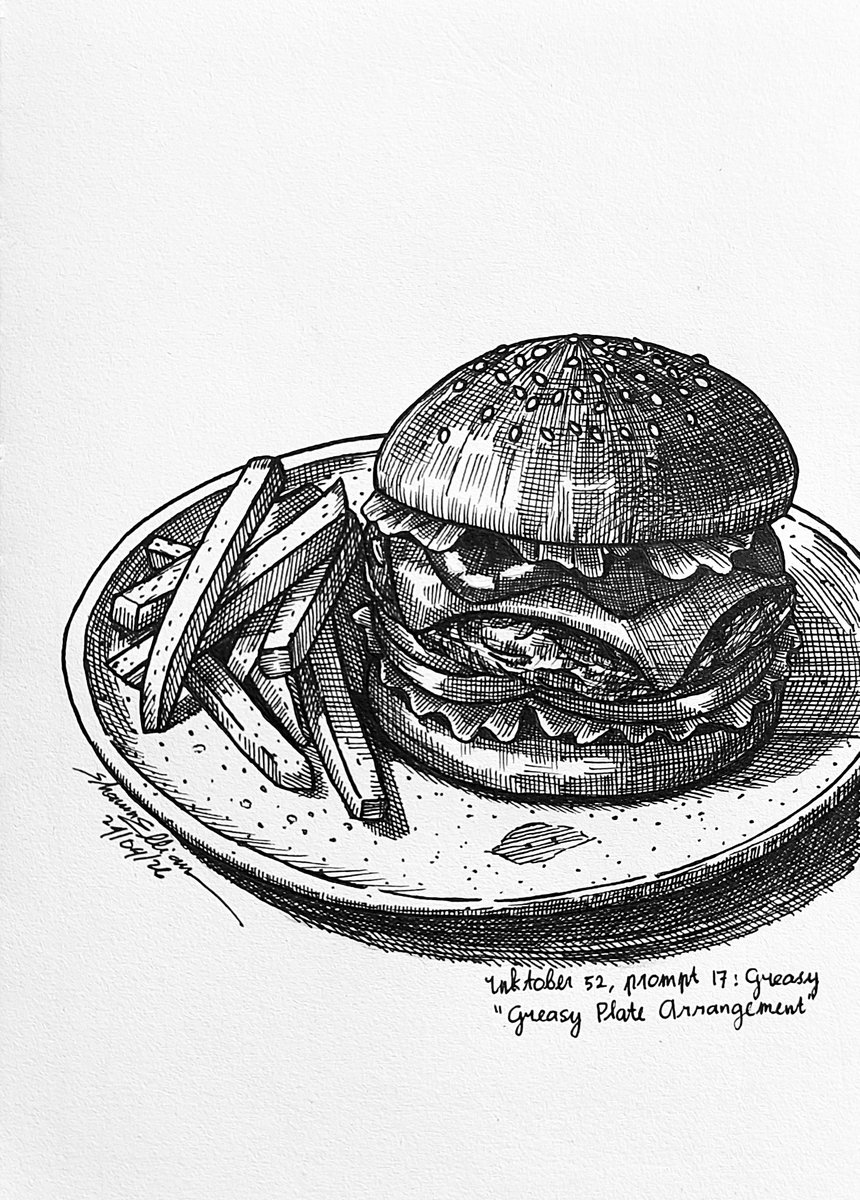 shawnellian's tweet image. Inktober 52, prompt 17: Greasy
"Greasy Plate Arrangement"

#inktober #inktober52 #inktober52greasy #stilllife #penandink