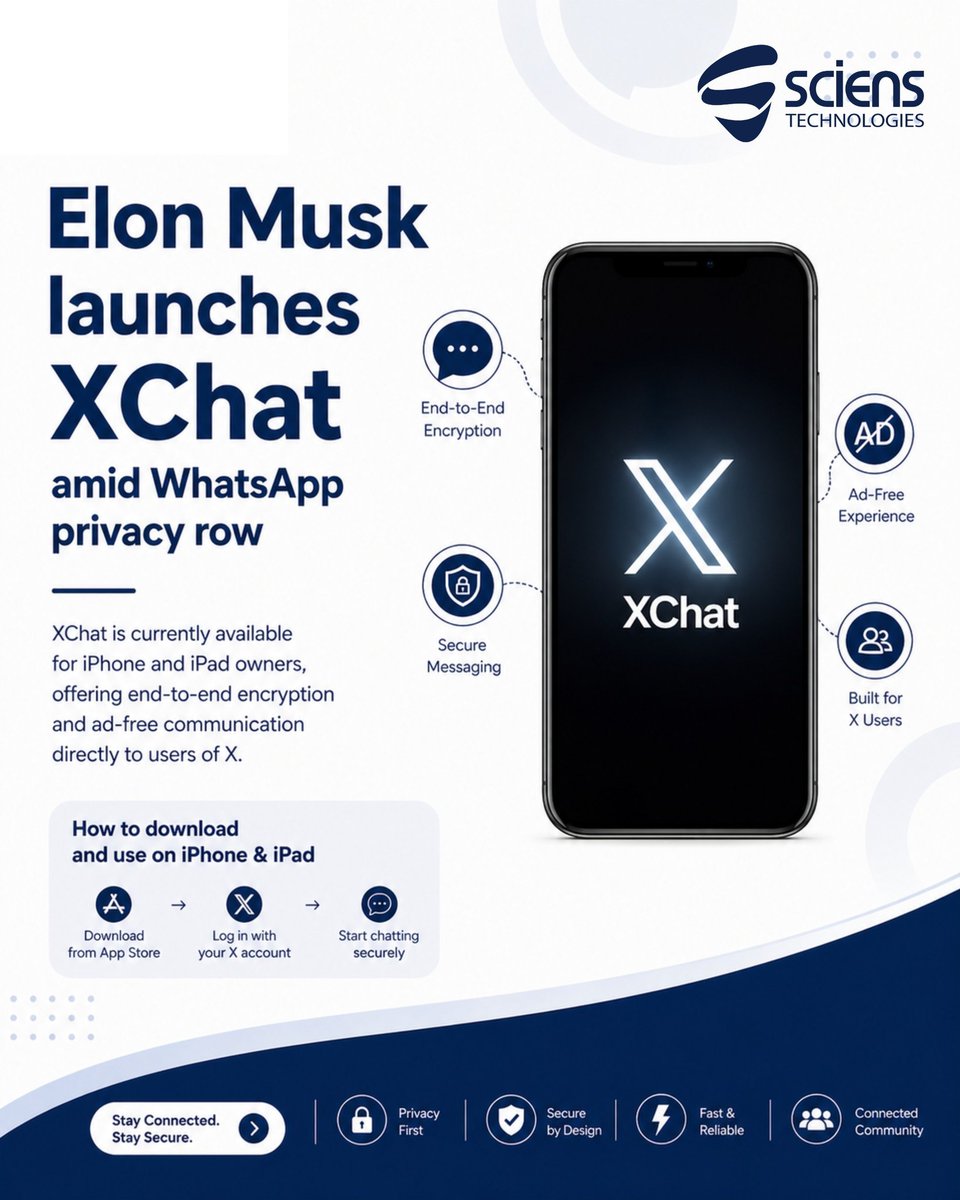 scienstech's tweet photo. Privacy is the new tech battleground.
With Elon Musk’s XChat, users are demanding secure, ad-free, and private communication.
#PrivacyFirst #TechNews #CyberSecurity #scienstechnologies https://t.co/gRwCIowTzu