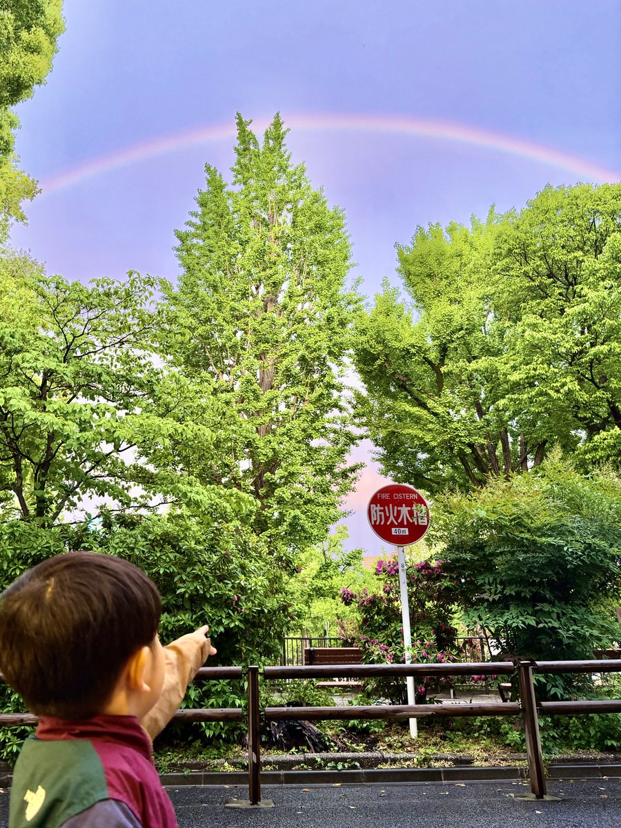 k_narabayashi's tweet photo. 雨の日のお迎えは厄介だなーと思っていたけど良いもの見れた。「いっぱい虹がいるよ！誰が描いたのかなー」と教えてくれました https://t.co/zbIO4cEYOk