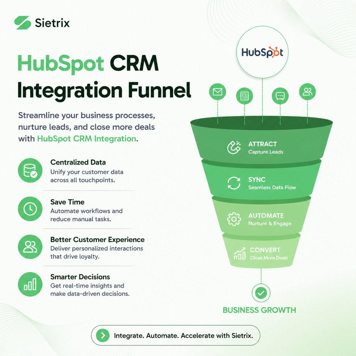 SietrixTechno's tweet image. Turn your CRM into a growth engine.

With HubSpot CRM integration, you can:

• Capture leads seamlessly
• Sync data across systems
• Automate workflows
• Convert faster

Less manual work. More revenue.

#CRM #HubSpot #Automation #BusinessGrowth