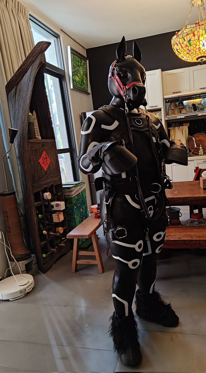 Shiroihane0's tweet photo. 嗚嗯，新的馬面具到貨了！！趁有時間白天拍一下..就是這個馬面具...戴著沒辦法說話，只能嗚嗚嗯嗯回覆或者點頭和肢體動作就是了...

馬面具： @DMSfetish
膠衣： @Smitizen 
剩下的都是自製的~拍照是自家不掃興的老爹w（雖然他看到面具內的結構一整個露出一言難盡的表情就是了... https://t.co/pdma2vzRMQ