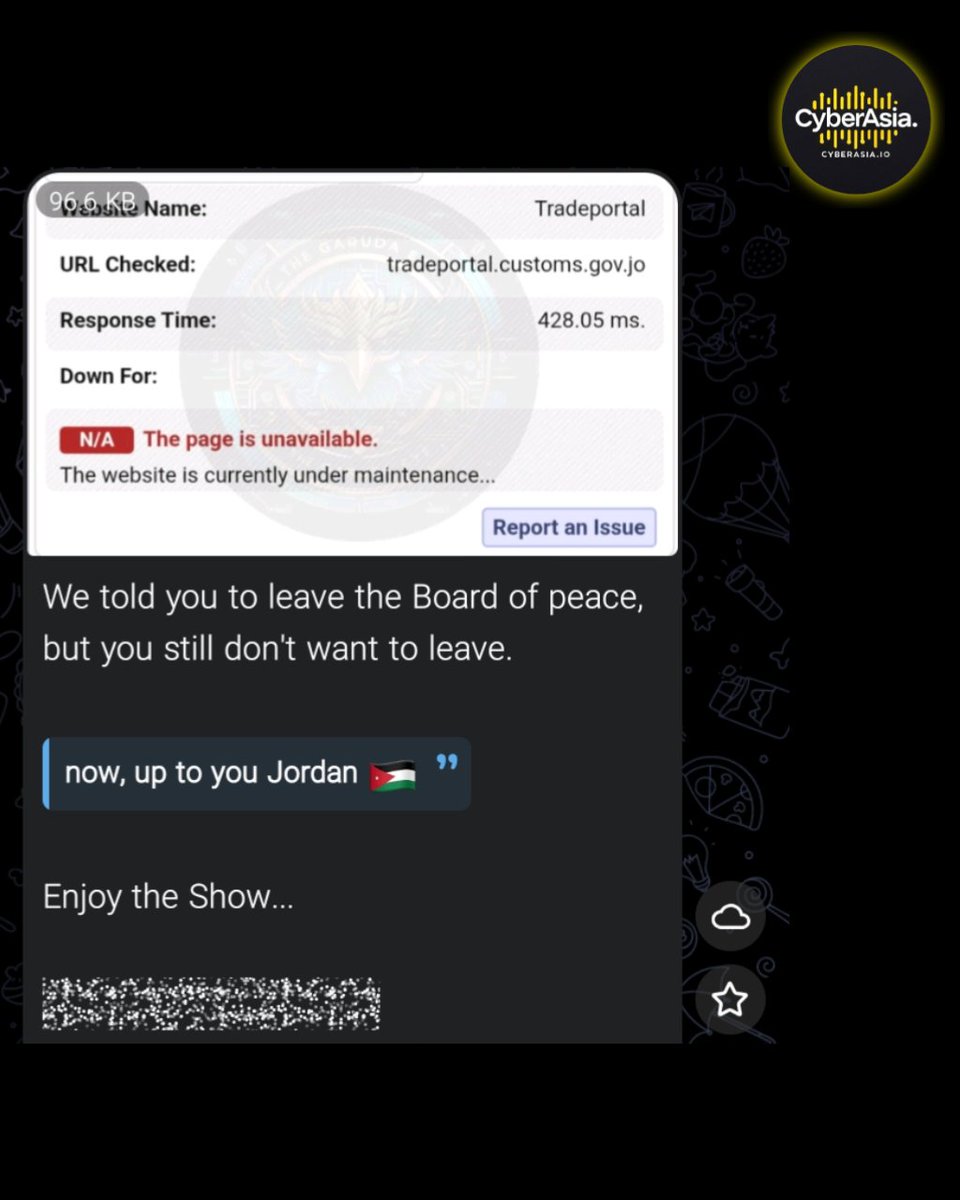 cyberasia_io's tweet image. 🚨 Jordan Alert 🇯🇴

Pro-Palestine hacktivist group TheGarudaEye has executed a major (DDoS attack) targeting Jordan's critical digital infrastructure, the Jordan Government &amp;amp; Trade Facilitation Portal tradeportal.customs.gov.jo

#TheGarudaEye #JordanCustoms #Jordan