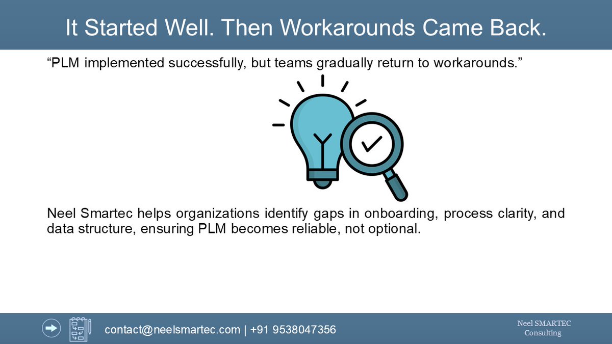 NeelSmartec's tweet image. PLM was live.
Then slowly: Spreadsheets came back Workarounds increased Trust reduced
Not a system issue: a gap in structure and onboarding. #PLM #Manufacturing