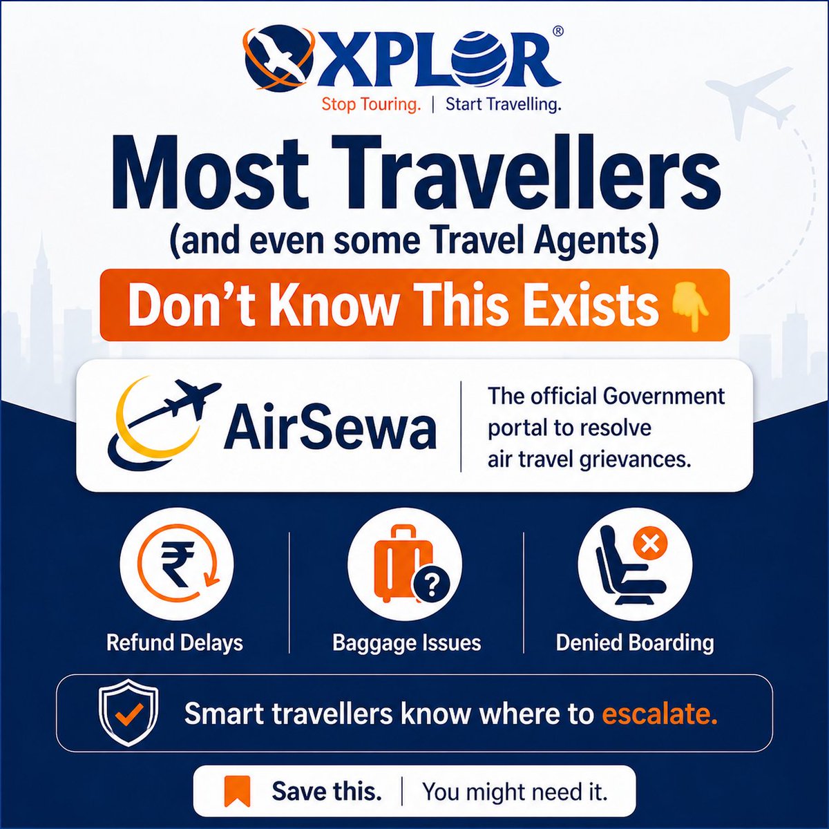 LimitedXplor's tweet image. Most travellers (and even some travel agents) don’t know this 👇
If your flight refund is stuck or the airline isn’t responding…
there’s an official way to escalate.
AirSewa !
Save this. You might need it. #TravelTips #AirTravel #SmartTravel #TravelIndia #FrequentFlyer  #Airsewa