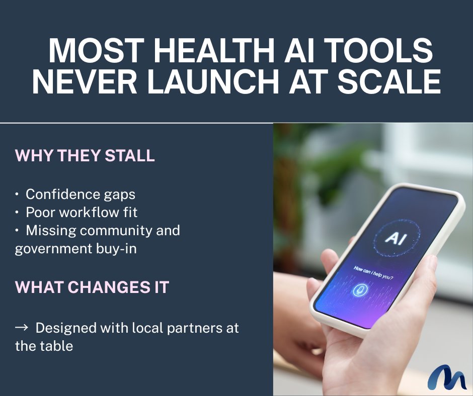 Medn_Tech's tweet photo. Most health AI tools never launch at scale.

A 2026 survey of 2,041 healthcare leaders found the top barriers are confidence gaps, poor workflow fit, and missing community and government buy-in.

Building with local institutions from day one is how we approach this. https://t.co/zKb70VQ2rt