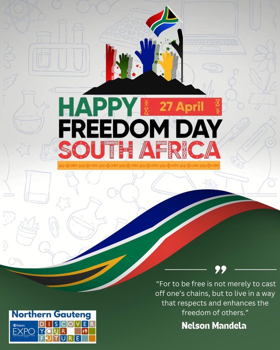 Exposcience's tweet photo. Happy Freedom Day, South Africa 🇿🇦
Today we celebrate 32 years of democracy. A reminder that freedom opens the door to discovery, innovation, and a brighter future.
#FreedomDay #27April #EskomExpo #DiscoverEskomExpo https://t.co/MPSO52hPO9