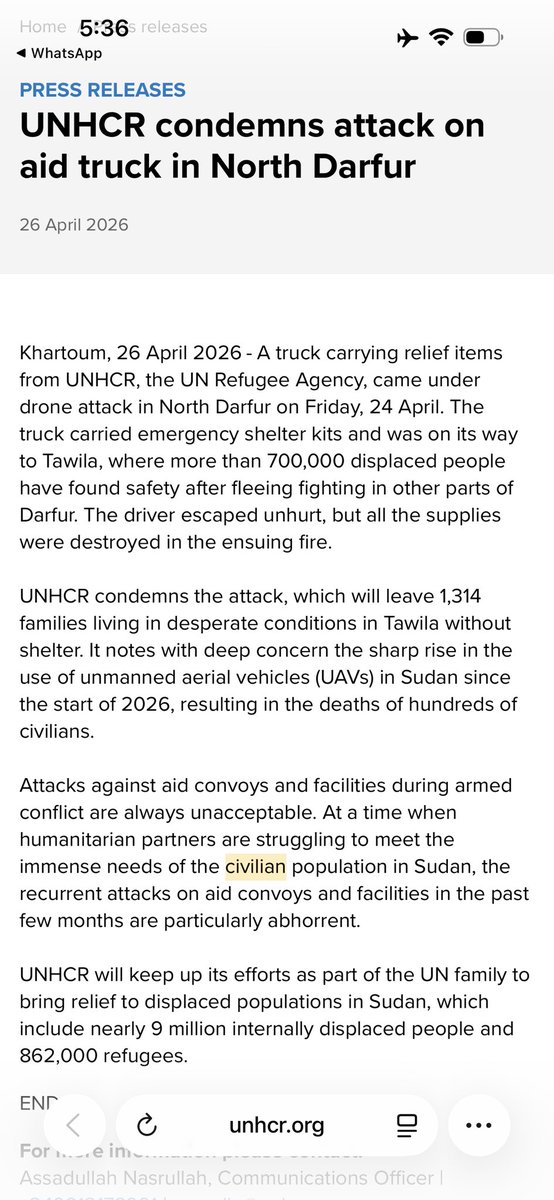 Ezz_Elsafi's tweet photo. I condemn in strongest terms the Muslim brotherhood Army  (SAF) drone strikes  UNHCR aid truck and set ablaze en route to Tawila in North Darfur — destroying medical supplies and food intended for people who have already lost everything. Today, the same pattern of deliberate brutality continued: a drone strike on Hamidia IDP camp in Zalinge, Central Darfur, has killed and maimed dozens of men, women and children who were sheltering from war for more than 20 years .

Let there be no ambiguity: Muslim brotherhood Army is  deliberately attacking humanitarian convoys and internally displaced civilians. Such actions amount to grave atrocities that must be investigated as war crimes. The deliberate destruction of aid and the targeting of camps where displaced families seek refuge show a callous disregard for human life and for every norm that protects civilians in conflict.

The international community cannot respond with bland statements of concern while civilians continue to burn and starve. Immediate, independent investigations must be launched. Humanitarian access to affected areas must be guaranteed and physically protected. Those responsible for ordering or carrying out strikes on humanitarian workers, convoys, and IDP sites must be  held to account — through sanctions, asset freezes, travel bans, and referral to appropriate international judicial bodies where warranted.
@UNReliefChief @UNHumanRights @UN @Refugees